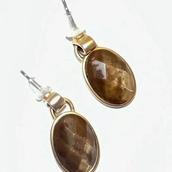 Golden Brown Gemstone Earrings - Polished Gold-Tone Setting” - Picture 1 of 8
